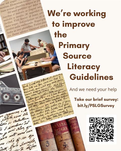 Logo and QR code for survey about Primary Source Literarcy Guidelines